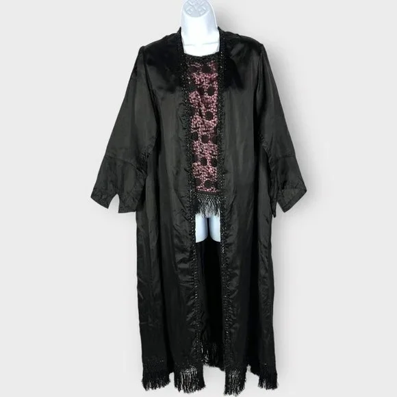 Antique Victorian Fortune Teller Topper Dress Top Black Satin Beaded & Tassels - Picture 1 of 16